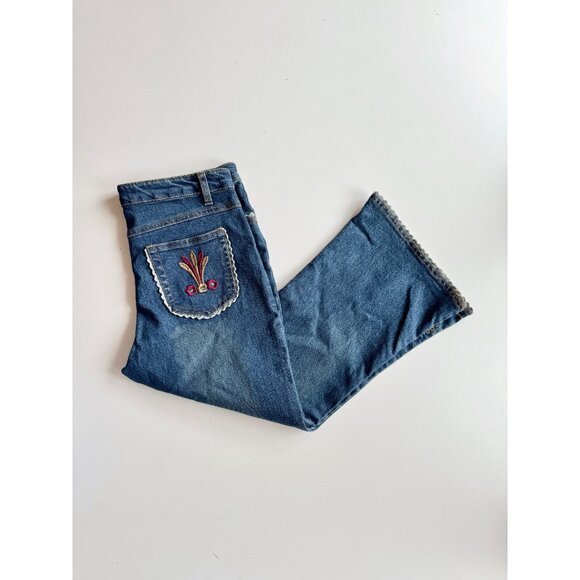 Vintage 00's VENUS Floral Embroidered High Rise Cropped Kick Flare Jeans Size 30 - Picture 2 of 16
